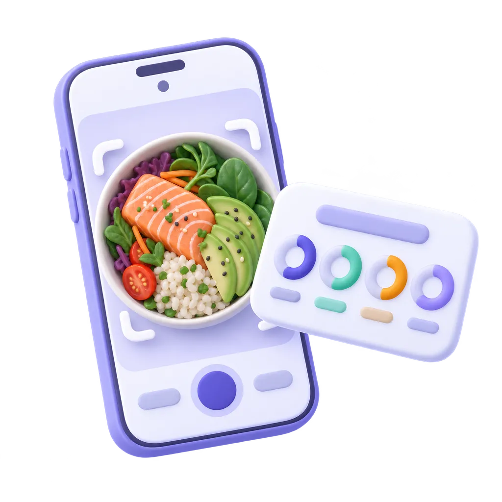 A phone scanning a salmon and avocado bowl, with nutrient rings beside it