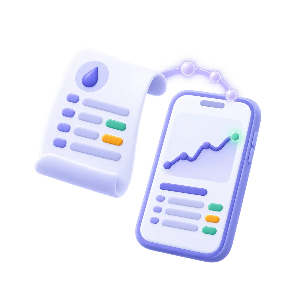 A lab report turning into a phone screen with a trend chart