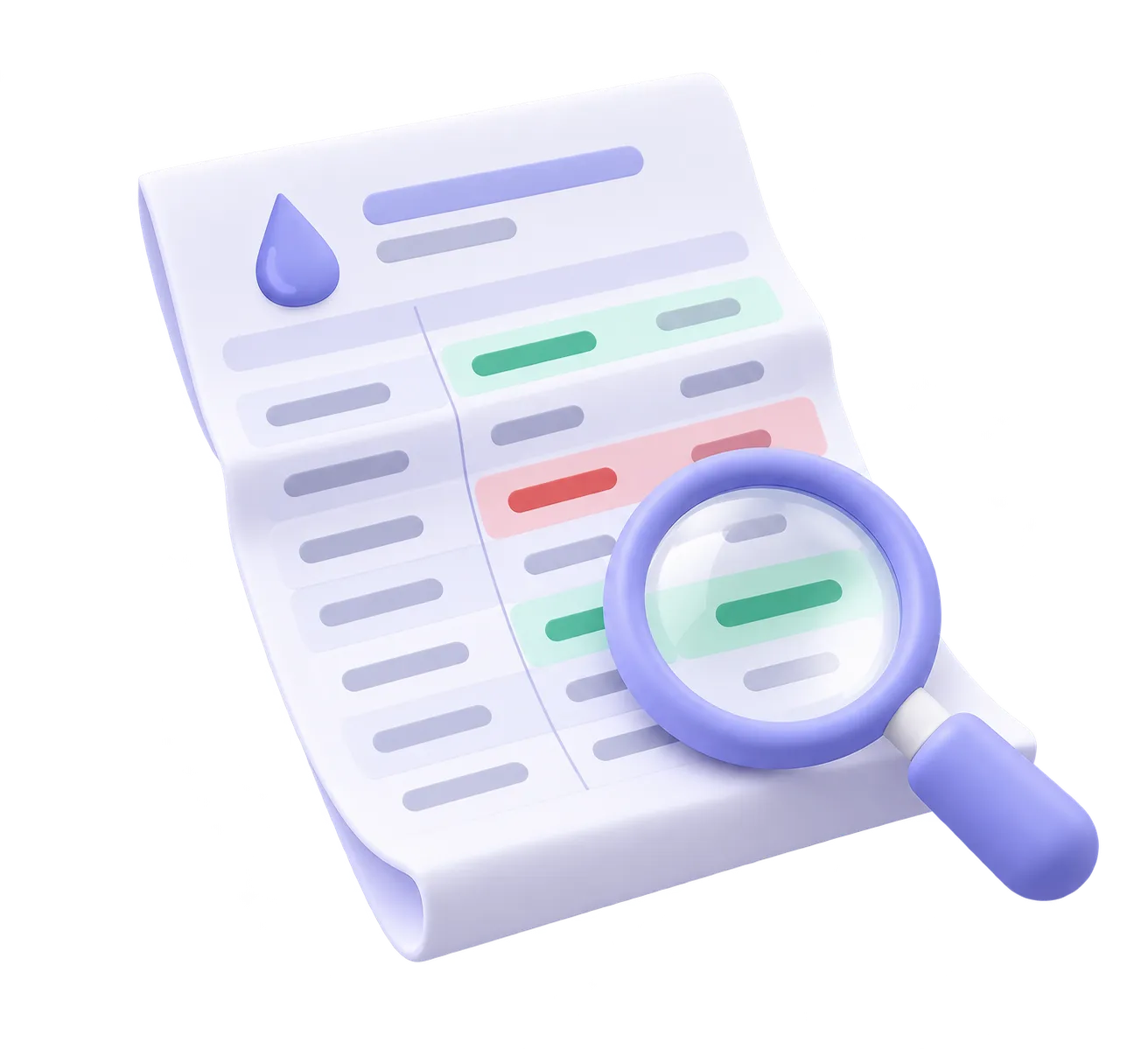A lab report under a magnifying glass, with some rows highlighted