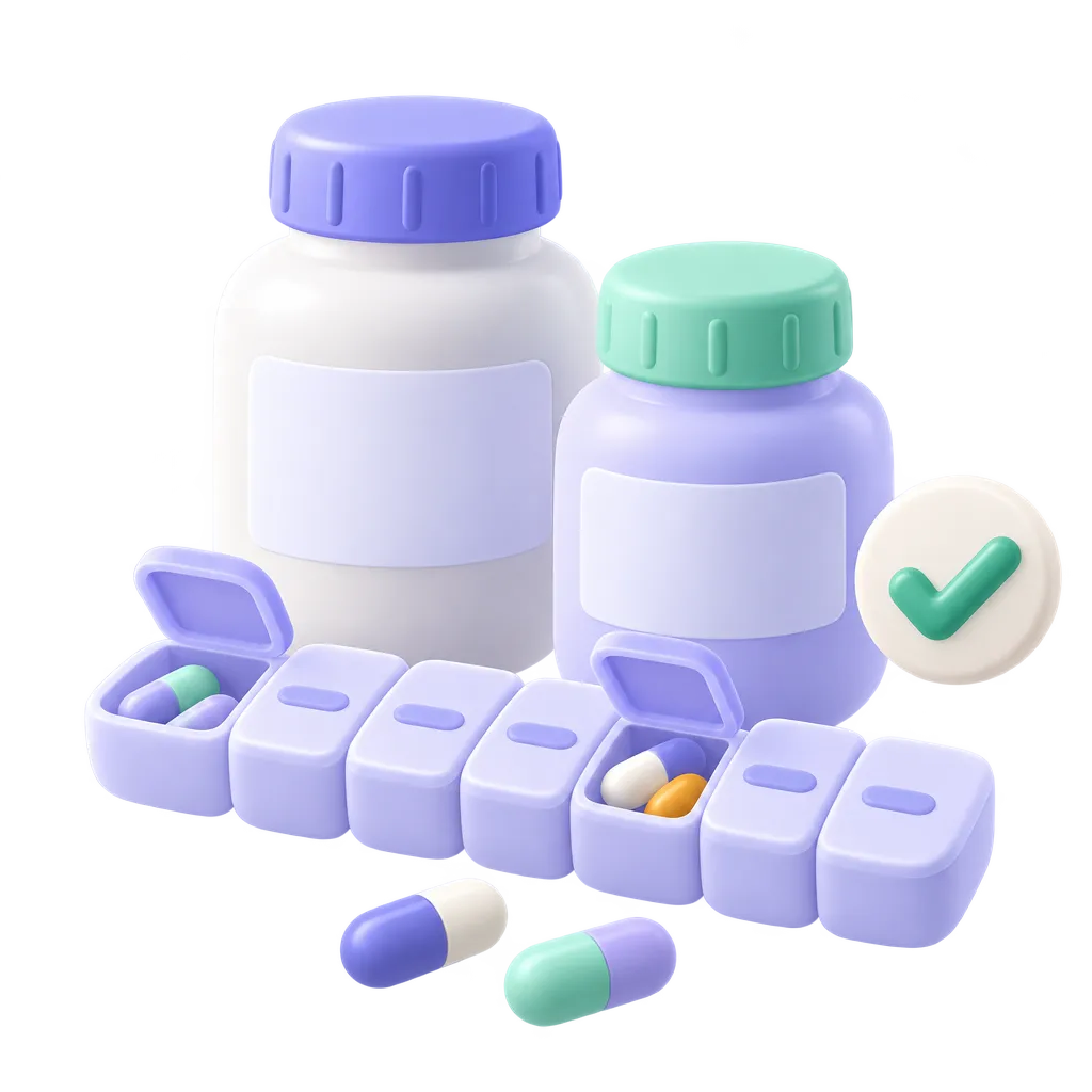 Supplement bottles and a weekly pill organizer with a check mark